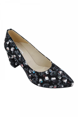 Pantofi cu toc gros 6 cm - Pantofi damă eleganți, stiletto, piele naturală, toc gros, negru păun