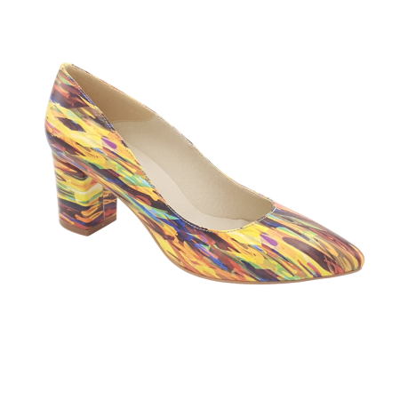 Pantofi cu toc gros 6 cm - Pantofi damă eleganți, stiletto, piele naturală, toc gros îmbrăcat, picturi colorate, Sandali