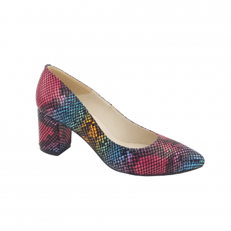 Pantofi cu toc gros 6 cm - Pantofi damă eleganți, stiletto, piele naturală, toc gros, șarpe colorat, Sandali