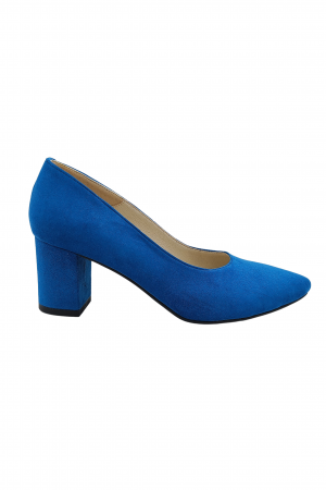 Pantofi cu toc gros 6 cm - Pantofi damă eleganți, stiletto, piele naturală velur, toc gros îmbrăcat, albastru, SANDALI
