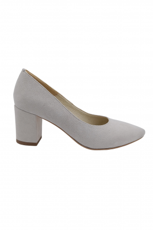 Pantofi cu toc gros 6 cm - Pantofi damă eleganți, stiletto, piele naturală velur, toc gros îmbrăcat, gri - bej. SANDALI