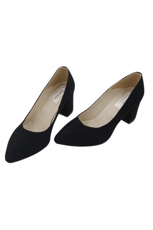 Pantofi damă eleganți, stiletto, piele naturală velur, toc gros îmbrăcat, negru. SANDALI [3]