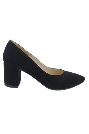 Pantofi cu toc gros 6 cm - Pantofi damă eleganți, stiletto, piele naturală velur, toc gros îmbrăcat, negru. SANDALI