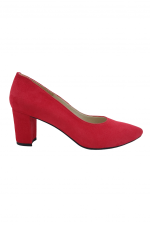 Pantofi cu toc gros 6 cm - Pantofi damă eleganți, stiletto, piele naturală velur, toc gros îmbrăcat, roșu. SANDALI