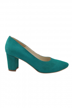 Pantofi cu toc gros 6 cm - Pantofi damă eleganți, stiletto, piele naturală velur, toc gros îmbrăcat, verde. SANDALI