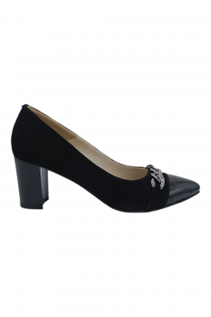 Pantofi damă - Pantofi damă eleganți, stiletto, piele naturală velur, toc gros, lanț decorativ, negru