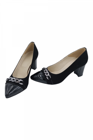 Pantofi damă eleganți, stiletto, piele naturală velur, toc gros, lanț decorativ, negru [4]
