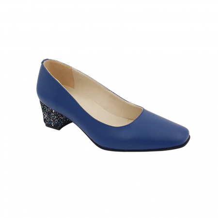 Pantofi cu toc gros 4 cm - Pantofi dama eleganti, varf patrat, piele naturala, toc gros imbracat, albastru cu flori albastre, Sandali