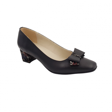 Pantofi cu toc gros 4 cm - Pantofi dama eleganti, varf patrat, piele naturala, toc gros imbracat, funda, negru floral, Sandali