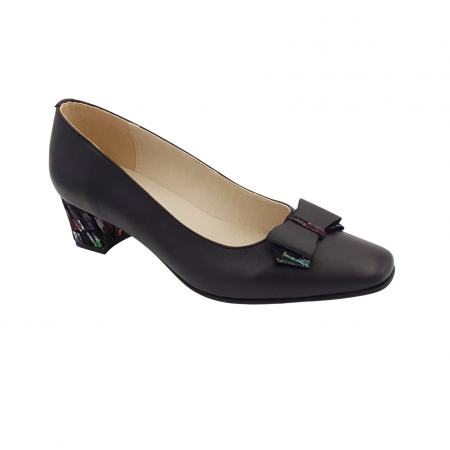 Pantofi cu toc gros 4 cm - Pantofi dama eleganti, varf patrat, piele naturala, toc gros imbracat, funda, negru cu picasso, Sandali