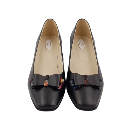 Pantofi dama eleganti, varf patrat, piele naturala, toc gros imbracat, funda, negru cu picasso, Sandali [2]