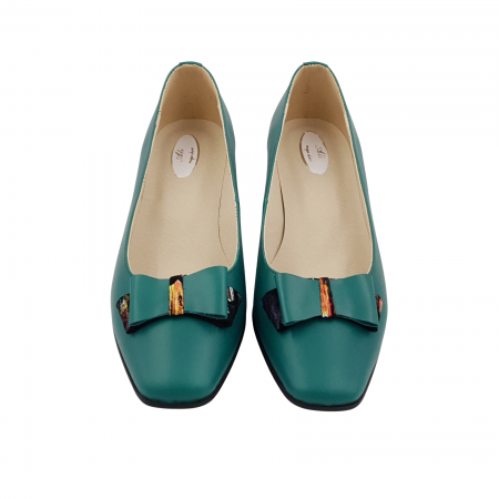Pantofi damă eleganți, vârf pătrat, piele naturală, toc gros îmbrăcat, fundă, picasso, verde, Sandali [2]