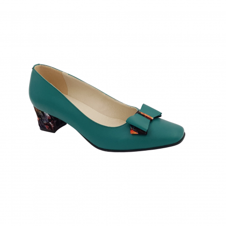 Pantofi cu toc gros 4 cm - Pantofi damă eleganți, vârf pătrat, piele naturală, toc gros îmbrăcat, fundă, picasso, verde, Sandali