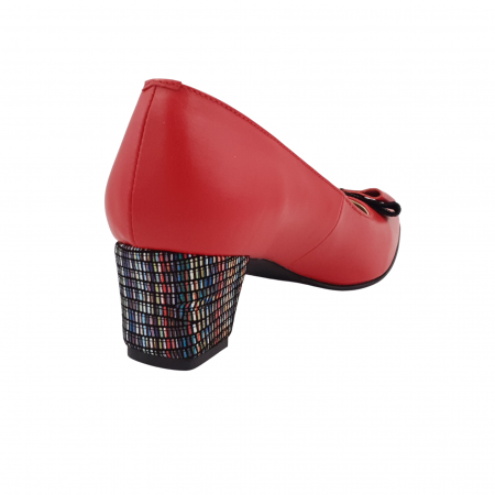 Pantofi dama eleganti, varf patrat, piele naturala, toc gros imbracat, funda, rosu cu linii colorate, Sandali [1]