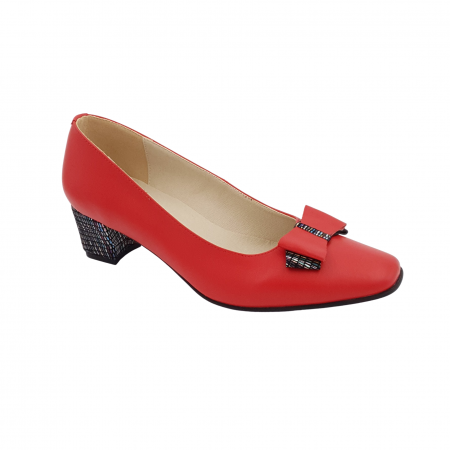 Pantofi cu toc gros 4 cm - Pantofi dama eleganti, varf patrat, piele naturala, toc gros imbracat, funda, rosu cu linii colorate, Sandali