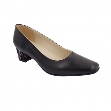 Pantofi cu toc gros 4 cm - Pantofi dama eleganti, varf patrat, piele naturala, toc gros imbracat, negru cu patratele colorate,Sandali