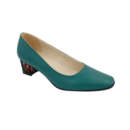 Pantofi cu toc gros 4 cm - Pantofi dama eleganti, varf patrat, piele naturala, toc gros imbracat, picasso, verde, Sandali