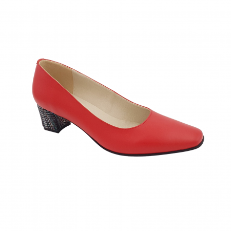 Pantofi cu toc gros 4 cm - Pantofi dama eleganti, varf patrat, piele naturala, toc gros imbracat, rosu cu linii colorate, Sandali