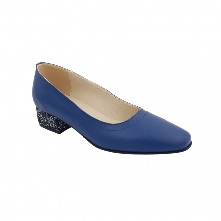 Pantofi cu toc gros 4 cm - Pantofi damă eleganți, vârf pătrat, piele naturală, toc mic gros îmbrăcat, albastru cu flori albastre, Sandali
