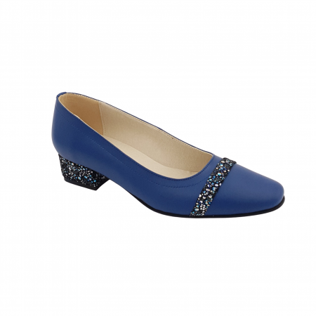 Pantofi cu toc gros 4 cm - Pantofi damă eleganți, vârf pătrat, piele naturală, toc mic gros îmbrăcat, baretă, albastru cu flori albastre, Sandali