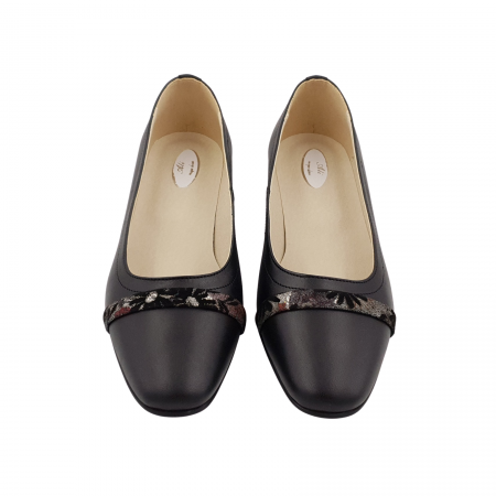 Pantofi damă eleganți, vârf pătrat, piele naturală, toc mic gros îmbrăcat, baretă, negru cu flori, Sandali [2]