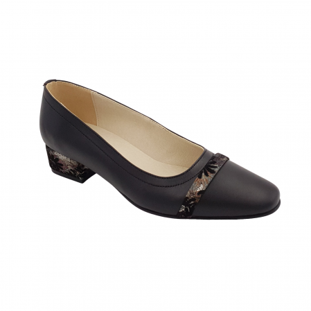 Pantofi cu toc gros 4 cm - Pantofi damă eleganți, vârf pătrat, piele naturală, toc mic gros îmbrăcat, baretă, negru cu flori, Sandali
