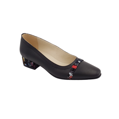 Pantofi cu toc gros 4 cm - Pantofi damă eleganți, vârf pătrat, piele naturală, toc mic gros îmbrăcat, baretă, picasso, negru, Sandali
