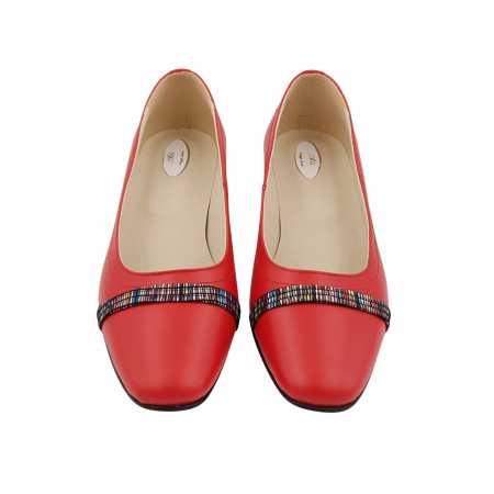 Pantofi damă eleganți, vârf pătrat, piele naturală, toc mic gros îmbrăcat, baretă, roșu cu linii colorate, Sandali [2]
