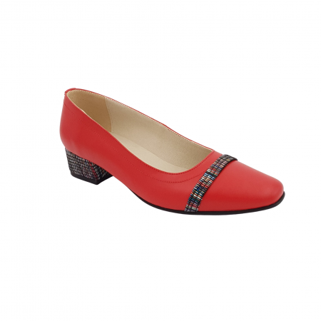 Pantofi cu toc gros 4 cm - Pantofi damă eleganți, vârf pătrat, piele naturală, toc mic gros îmbrăcat, baretă, roșu cu linii colorate, Sandali