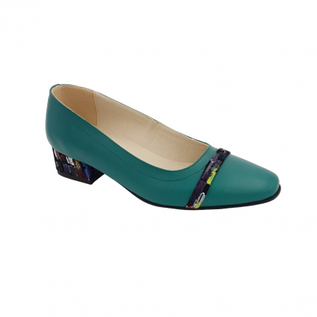 Pantofi cu toc gros 4 cm - Pantofi damă eleganți, vârf pătrat, piele naturală, toc mic gros îmbrăcat, baretă, verde picasso, Sandali