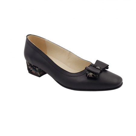 Pantofi cu toc gros 4 cm - Pantofi damă eleganți, piele naturală, vârf pătrat, toc mic gros îmbrăcat, fundă, negru cu flori, Sandali