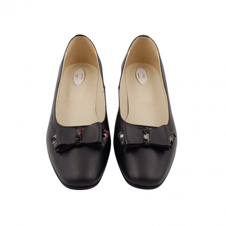 Pantofi damă eleganți, piele naturală, vârf pătrat, toc mic gros îmbrăcat, fundă, negru cu flori, Sandali [2]