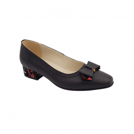 Pantofi damă eleganți, vârf pătrat, piele naturală, toc mic gros îmbrăcat, fundă, picasso, negru, Sandali