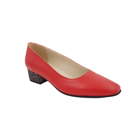 Pantofi cu toc gros 4 cm - Pantofi damă eleganți, vârf pătrat, piele naturală, toc mic gros îmbrăcat, roșu cu linii colorate, Sandali