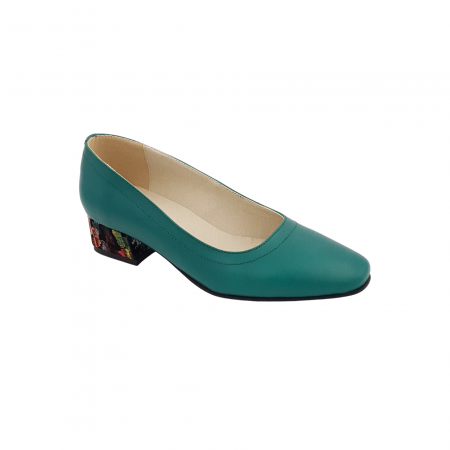 Pantofi damă eleganti, vârf pătrat, piele naturală, toc mic gros îmbrăcat, verde picasso, Sandali