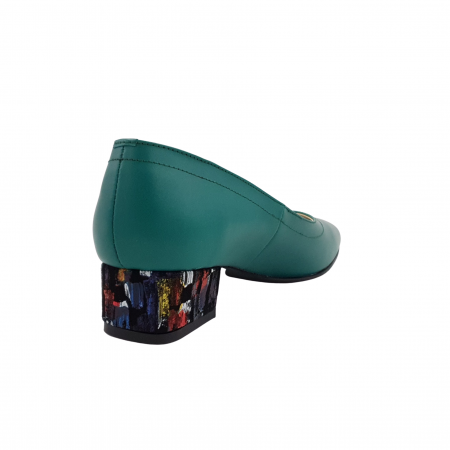 Pantofi damă eleganti, vârf pătrat, piele naturală, toc mic gros îmbrăcat, verde picasso, Sandali [2]