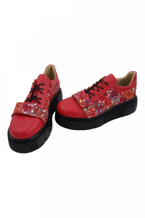 Pantofi damă fara toc, piele naturală bizon cu sireturi talpă înaltă, imprimeu buline colorate, rosu, Sandali [4]