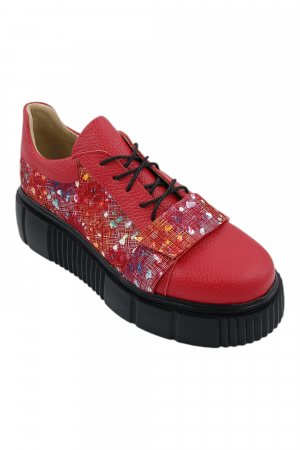 Pantofi fara toc - Pantofi damă fara toc, piele naturală bizon cu sireturi talpă înaltă, imprimeu buline colorate, rosu, Sandali