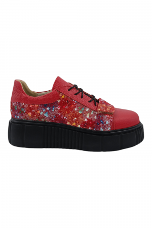 Pantofi damă fara toc, piele naturală bizon cu sireturi talpă înaltă, imprimeu buline colorate, rosu, Sandali [1]
