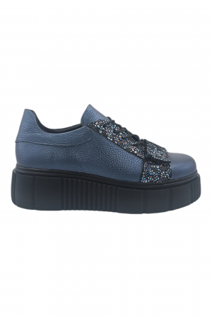 Pantofi damă fara toc, piele naturală bizon cu sireturi talpă înaltă, imprimeu flori albastre, albastru, Sandali [1]