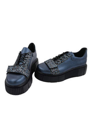 Pantofi damă fara toc, piele naturală bizon cu sireturi talpă înaltă, imprimeu flori albastre, albastru, Sandali [4]