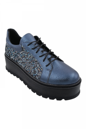 Pantofi fara toc - Pantofi damă fara toc, piele naturală bizon cu sireturi talpă înaltă, imprimeu flori, albastru
