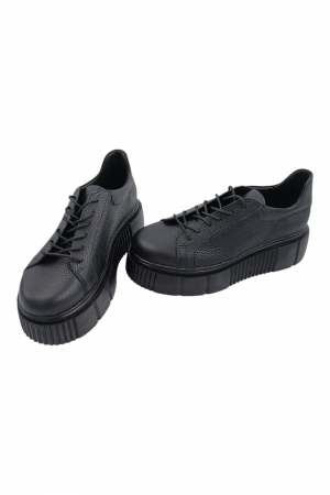 Pantofi damă fara toc, piele naturală bizon cu sireturi talpă înaltă, negru, Sandali [4]
