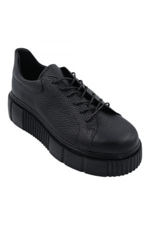 Pantofi fara toc - Pantofi damă fara toc, piele naturală bizon cu sireturi talpă înaltă, negru, Sandali