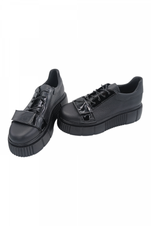Pantofi damă fara toc, piele naturală bizon cu sireturi talpă înaltă, piele lacuita, negru, Sandali [4]