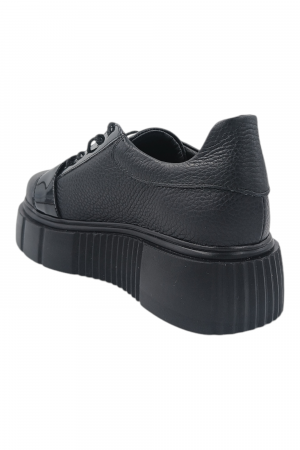 Pantofi damă fara toc, piele naturală bizon cu sireturi talpă înaltă, piele lacuita, negru, Sandali [2]