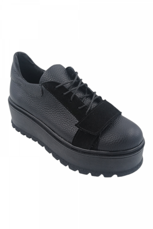 Pantofi fara toc - Pantofi damă fara toc, piele naturală bizon cu sireturi talpă înaltă, piele velur, negru