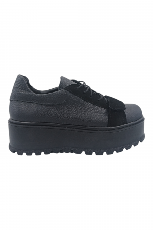 Pantofi damă fara toc, piele naturală bizon cu sireturi talpă înaltă, piele velur, negru [1]