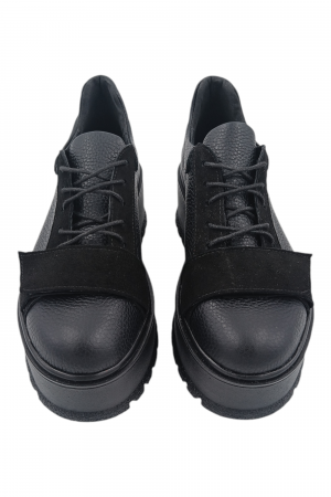 Pantofi damă fara toc, piele naturală bizon cu sireturi talpă înaltă, piele velur, negru [3]