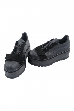 Pantofi damă fara toc, piele naturală bizon cu sireturi talpă înaltă, piele velur, negru [4]